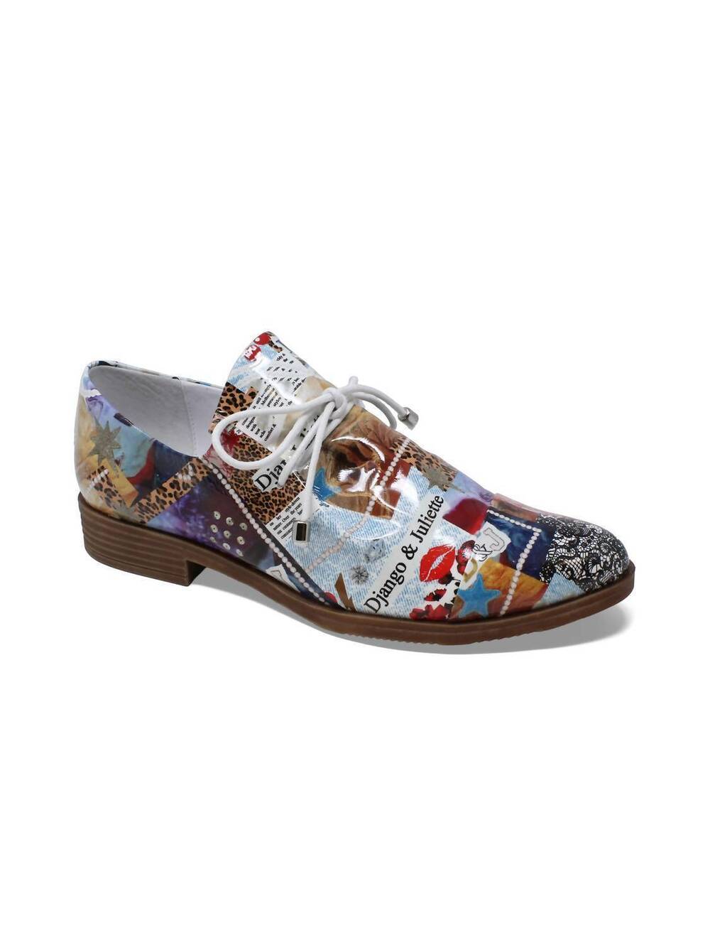 NEW DJANGO & JULIETTE women's kotty loafers in collage print patent leather